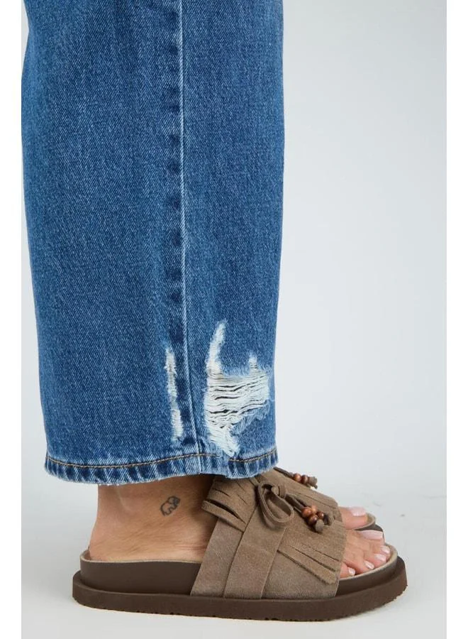 Manijero  Yasmin Women's Genuine Leather Tassel Beaded Detail Open Front Beige Slipper. for Women | Best Price UAE