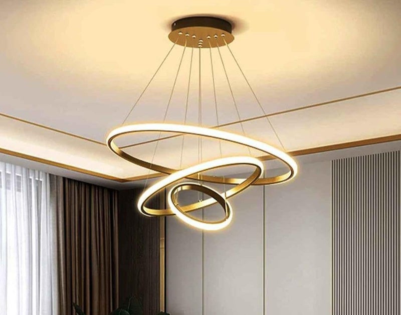 blissbells Modern 3-Rings Gold Large Chandelier Dimmable Without Remote Hanging Ceiling LED Light, Pack of 1 - Image 3