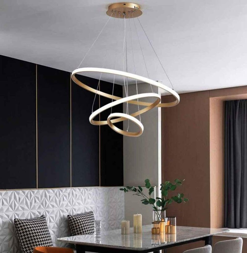blissbells Modern 3-Rings Gold Large Chandelier Dimmable Without Remote Hanging Ceiling LED Light, Pack of 1 - Image 4