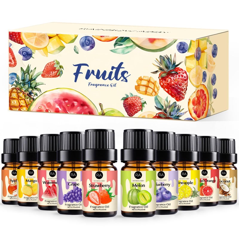 RAINBOW ABBY Fruity Fragrance Oil for Candle & Soap Making, 10 Fruit Scents in 5ML Bottles, Coconut, Strawberry, Watermelon, Mango, Pineapple, Summer Premium Aromatherapy Diffuser Oils Set - Image 1