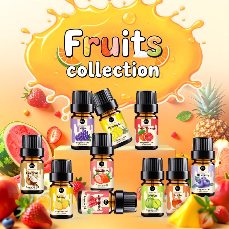 RAINBOW ABBY Fruity Fragrance Oil for Candle & Soap Making, 10 Fruit Scents in 5ML Bottles, Coconut, Strawberry, Watermelon, Mango, Pineapple, Summer Premium Aromatherapy Diffuser Oils Set - Image 3