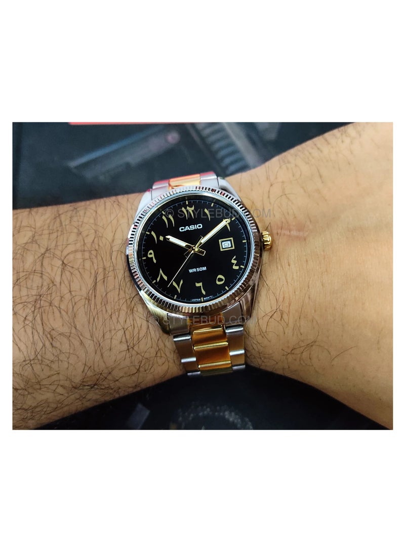 CASIO ساعة كاسيو للرجال من الفولاذ المقاوم للصدأ بقرص أسود عربي تناظري MTP-1302SG-1B3VDF - Image 4
