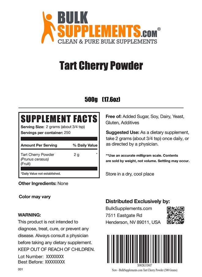 BULKSUPPLEMENTS.COM - Tart Cherry Powder Fruit Powder Antioxidants Source Gluten Free No Added Sugar 2000Mg (2G) Per Serving 250 Servings (500 Grams 1.1 Lbs) - Image 1