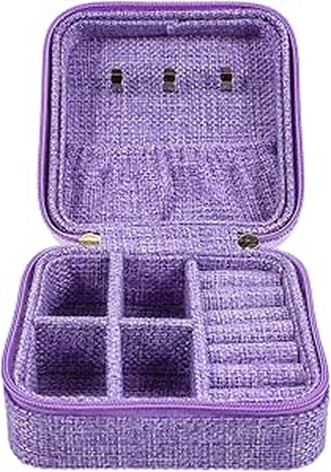 Purple Embroidered Travel Jewelry Case Small Organizer With Multi Layer Compartments For Earrings Rings And Studs Storage - Image 1