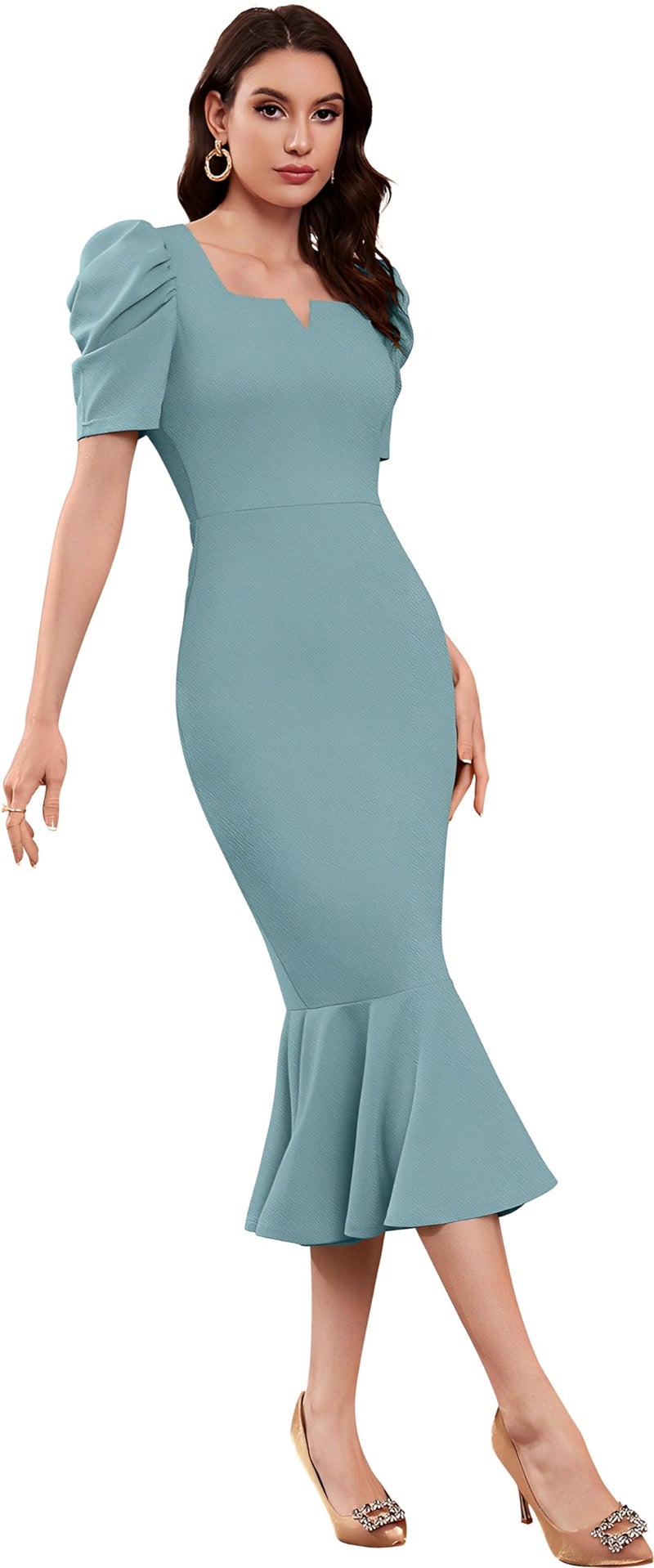SATPURUSH Women's Lycra Blend Sweet-Heart Neck Puff Sleeve Fit and Flared Calf Length Casual Bodycon Dress for Party, Office, Meetings Etc. (Teal, XL) - Image 3