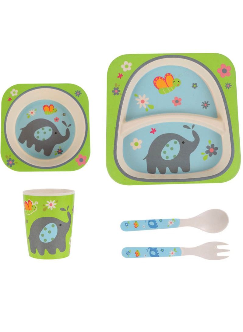 Brain Giggles Brain Giggles 5Pcs/Set Bamboo Kids Dinnerware Set Eco Friendly Toddler Plates BPA Free Food Plate Bowl Cup Spoon Fork Set Dishware Sets (Elephant Tableware)  - Image 1