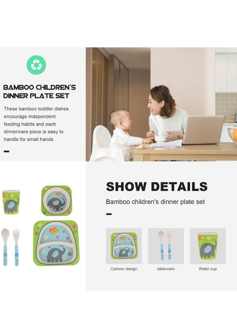 Brain Giggles Brain Giggles 5Pcs/Set Bamboo Kids Dinnerware Set Eco Friendly Toddler Plates BPA Free Food Plate Bowl Cup Spoon Fork Set Dishware Sets (Elephant Tableware)  - Image 5