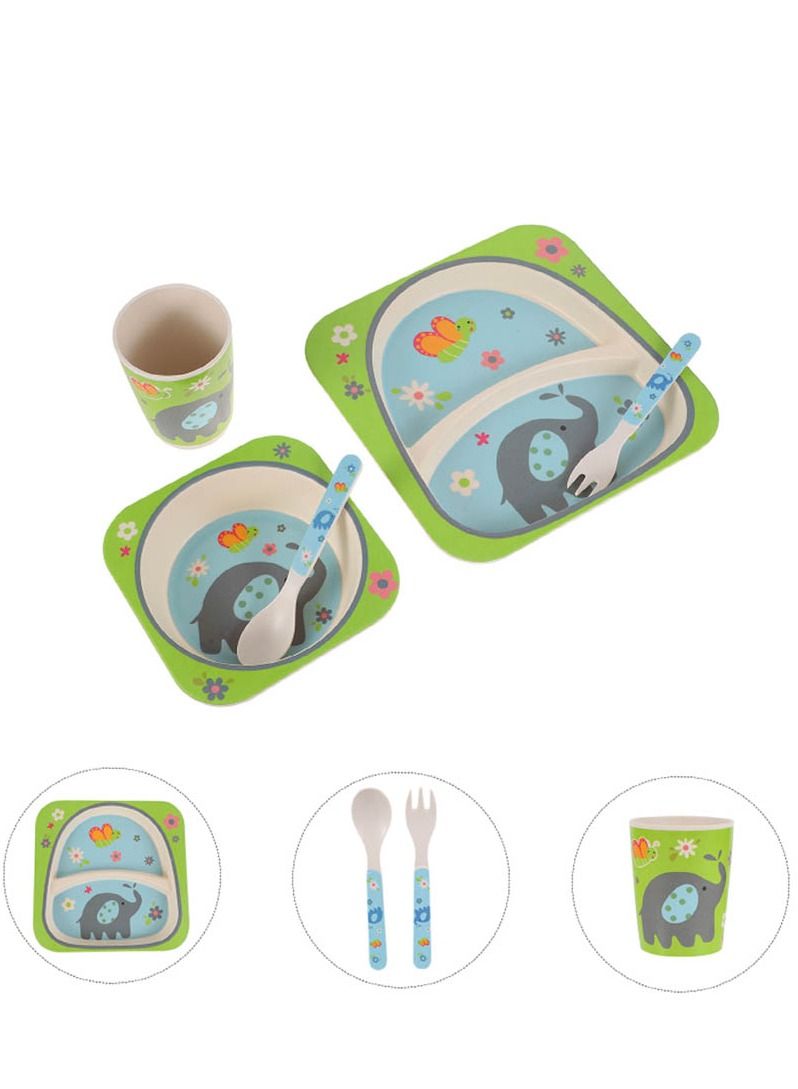 Brain Giggles Brain Giggles 5Pcs/Set Bamboo Kids Dinnerware Set Eco Friendly Toddler Plates BPA Free Food Plate Bowl Cup Spoon Fork Set Dishware Sets (Elephant Tableware)  - Image 2
