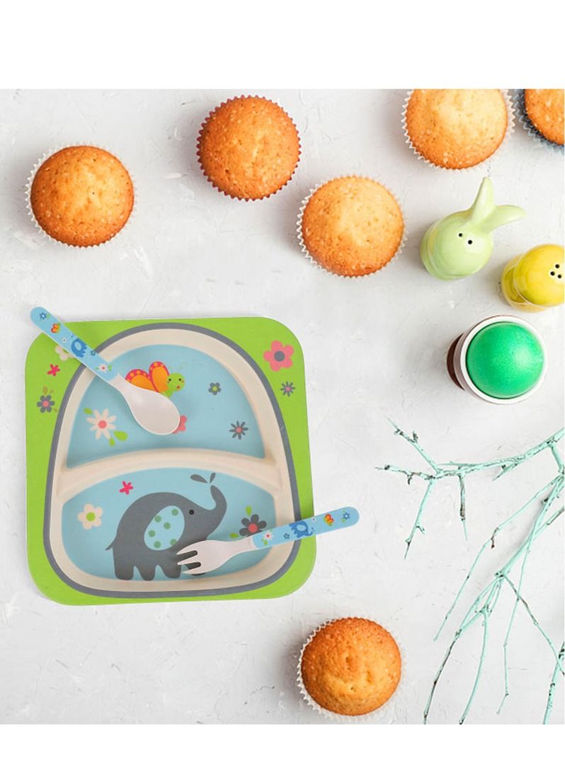 Brain Giggles Brain Giggles 5Pcs/Set Bamboo Kids Dinnerware Set Eco Friendly Toddler Plates BPA Free Food Plate Bowl Cup Spoon Fork Set Dishware Sets (Elephant Tableware)  - Image 3