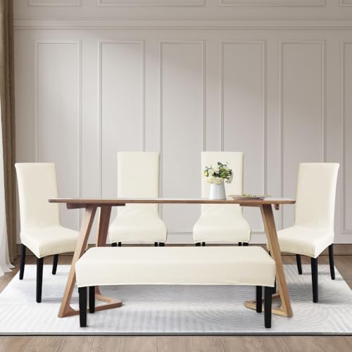FORCHEER Waterproof Beige Dining Chair Cover Set of 4 and Bench Cover Jacquard 54x18inch Bench Slipcover and 4 Piece Chair Cover Set Washable - Image 2