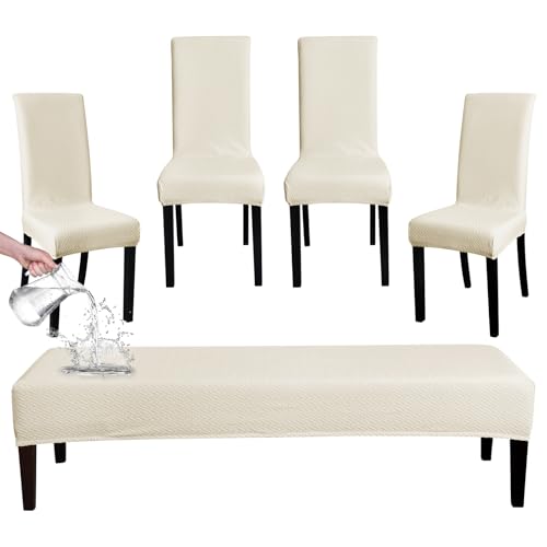 FORCHEER Waterproof Beige Dining Chair Cover Set of 4 and Bench Cover Jacquard 54x18inch Bench Slipcover and 4 Piece Chair Cover Set Washable - Image 1