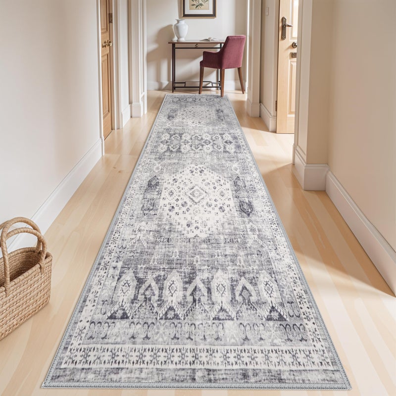 RUUGME 4x12 Washable Kitchen Runner Rug - Wide Indoor Entryway Hallway Rugs with Non Slip Backing Vintage Low Pile Carpet for Bedroom Laundry Ultra Soft Home Decor Floor Mat for Bathroom (Grey,4x12) - Image 2