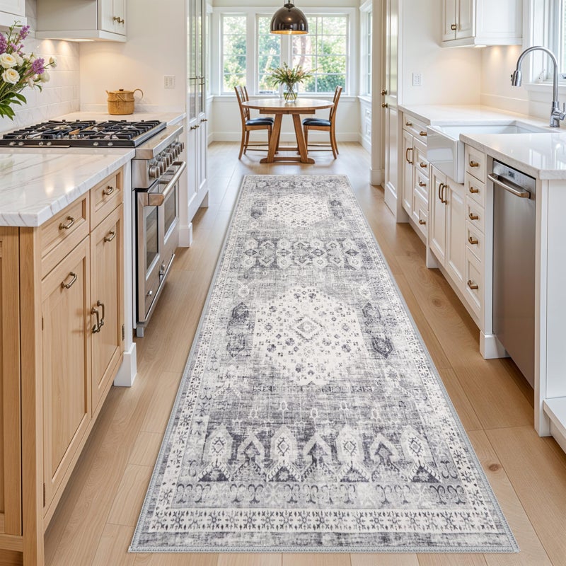 RUUGME 4x12 Washable Kitchen Runner Rug - Wide Indoor Entryway Hallway Rugs with Non Slip Backing Vintage Low Pile Carpet for Bedroom Laundry Ultra Soft Home Decor Floor Mat for Bathroom (Grey,4x12) - Image 3