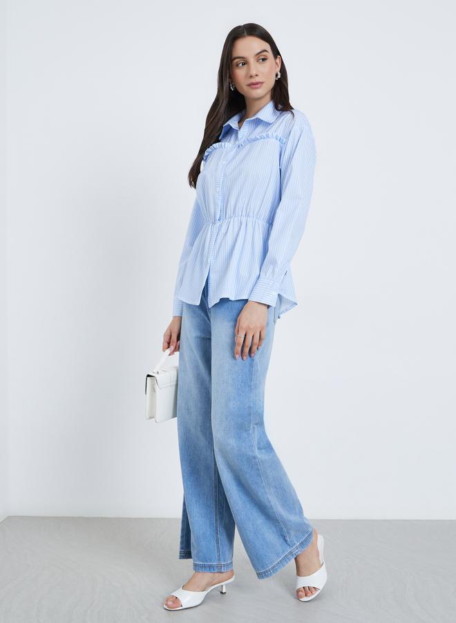 Take Two Blue Striped Shirt with Ruched Waist - Image 2