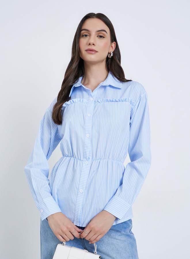 Take Two Blue Striped Shirt with Ruched Waist - Image 1