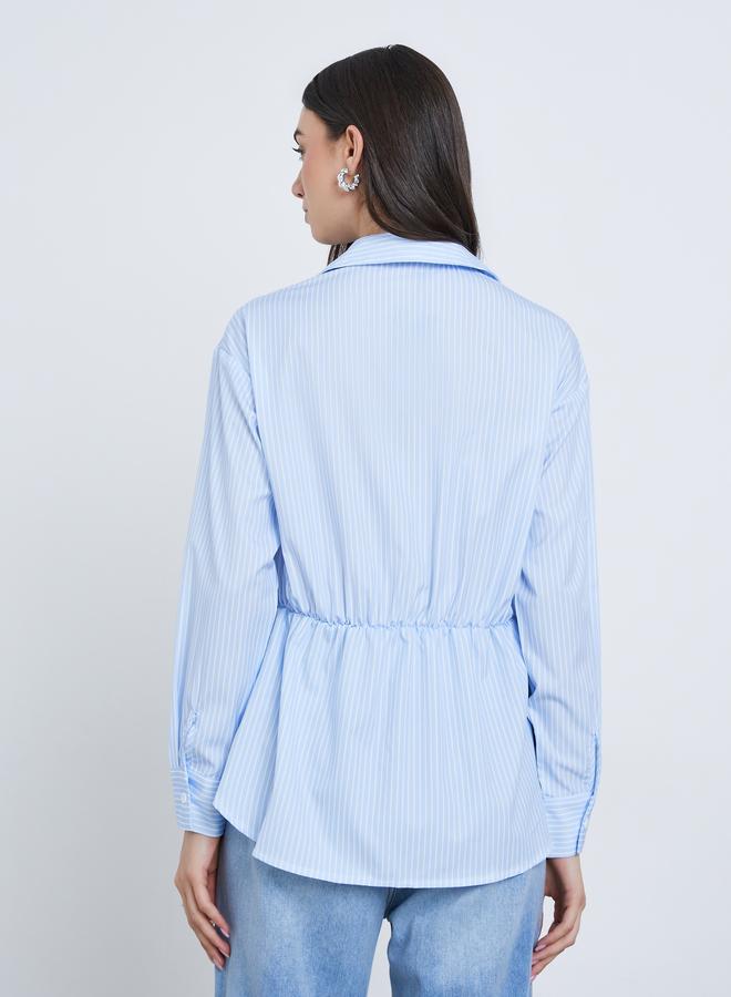 Take Two Blue Striped Shirt with Ruched Waist - Image 4
