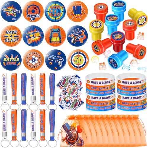 Honoson 110 Pcs Dart Battle Party Favors Supplies Battle Theme Stickers Temporary Tattoos Silicone Bracelets Keychains Badge Stamps with Organza Bags for Birthday Gifts Baby Shower Goodie Bag Fillers - Image 1
