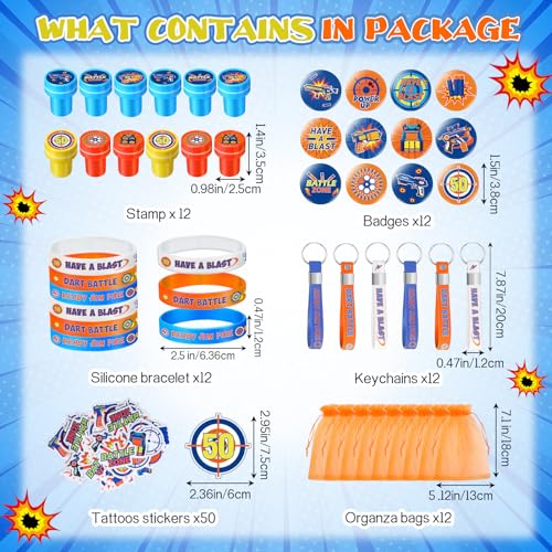 Honoson 110 Pcs Dart Battle Party Favors Supplies Battle Theme Stickers Temporary Tattoos Silicone Bracelets Keychains Badge Stamps with Organza Bags for Birthday Gifts Baby Shower Goodie Bag Fillers - Image 5