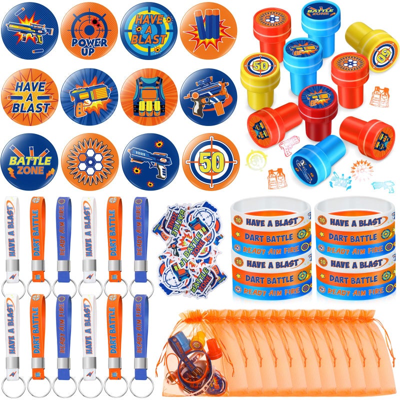 Honoson 110 Pcs Dart Battle Party Favors Supplies Battle Theme Stickers Temporary Tattoos Silicone Bracelets Keychains Badge Stamps with Organza Bags for Birthday Gifts Baby Shower Goodie Bag Fillers - Image 3