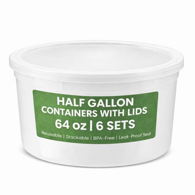 JoyServe 64 oz Plastic Containers with Lids - (Pack of 6) Food Storage Organizer Half Gallon Round Plastic Deli Container with Leak-Proof Lid, BPA-Free, Freezer, Dishwasher & Microwave Safe - Image 1