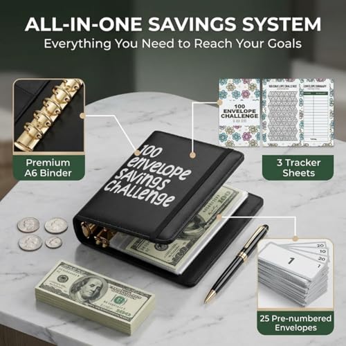 biqozi 100 Days Money Saving Challenge Coin Envelope Budgetstorage Book, Money Saving Binder, Cash Envelopes for Budgeting, Budget Planner Binder to Save $5,050 and $500 and $10,000(Black) - Image 2
