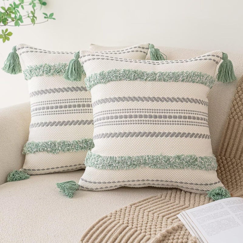BUIOVBEY Boho Throw Pillow Covers 18x18 Set of 2 Woven Tufted Farmhouse Pillows Cover with Tassels Textured Striped Cushion Case Neutral Pillow Cases Decorative Pillowcase for Sofa, Couch, Bed, Light Green - Image 1