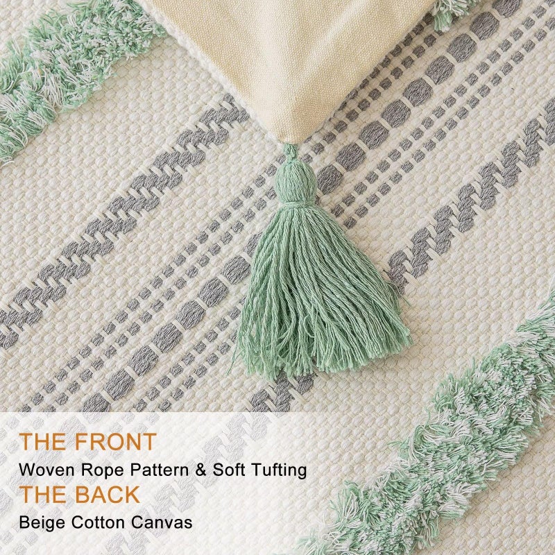 BUIOVBEY Boho Throw Pillow Covers 18x18 Set of 2 Woven Tufted Farmhouse Pillows Cover with Tassels Textured Striped Cushion Case Neutral Pillow Cases Decorative Pillowcase for Sofa, Couch, Bed, Light Green - Image 2