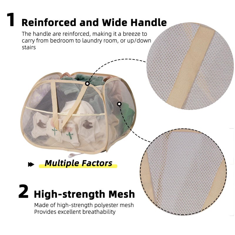 HEDONLEE Collapsible Laundry Basket, 90L Foldable Pop-up Laundry Hamper with Handles, Square Mesh Dirty Clothes Hamper for Laundry, Bathroom, Kids Room, Dorm,Travel or Camping (Beige) - Image 3