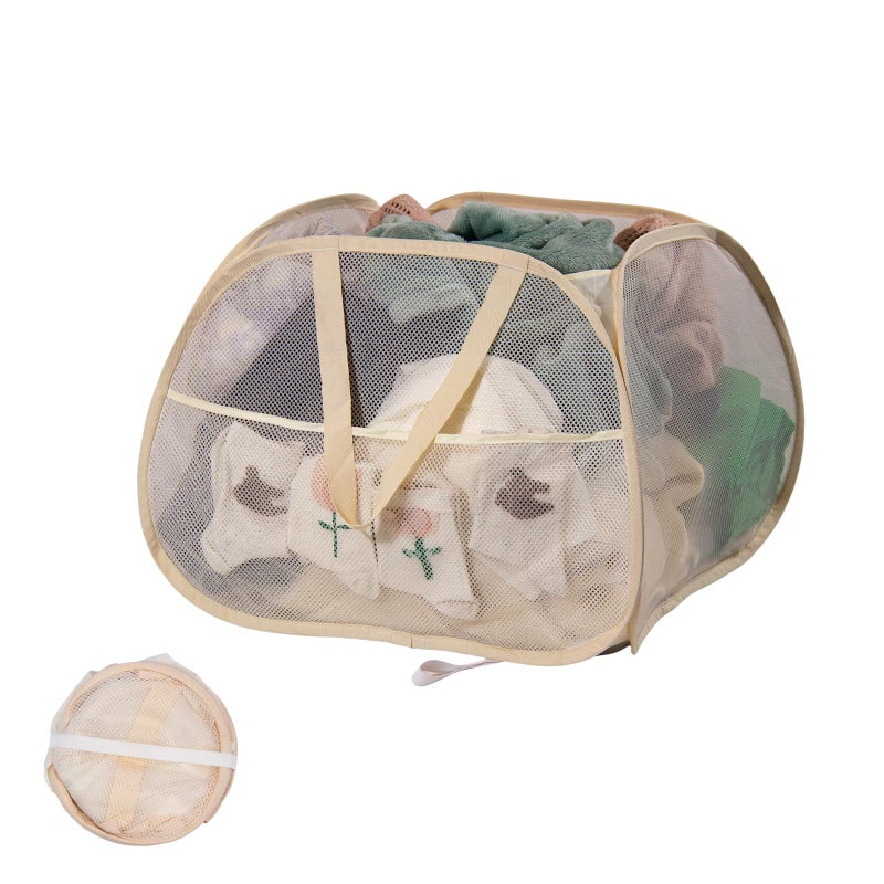 HEDONLEE Collapsible Laundry Basket, 90L Foldable Pop-up Laundry Hamper with Handles, Square Mesh Dirty Clothes Hamper for Laundry, Bathroom, Kids Room, Dorm,Travel or Camping (Beige) - Image 1