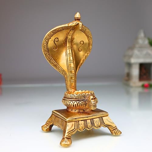 Bhunes Brass Shinghashan Small Chowki Peetha with Snake Shaped Prabhavali for Shiv Linga Peeta Peetalu Peetham Bajot for Temple Sinhasan Pooja Mandir Prabhawali Stand, Gold, 7 Inch, 1 Piece - Image 1
