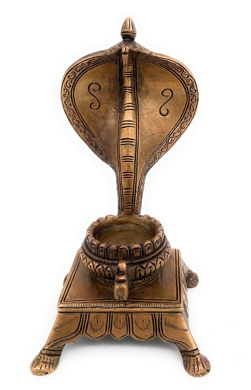 Bhunes Brass Shinghashan Small Chowki Peetha with Snake Shaped Prabhavali for Shiv Linga Peeta Peetalu Peetham Bajot for Temple Sinhasan Pooja Mandir Prabhawali Stand, Gold, 7 Inch, 1 Piece - Image 2