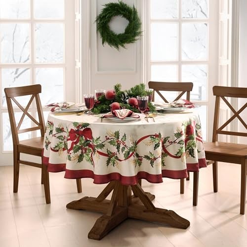 Elrene Home Fashions Villeroy Boch Winter Bows Garland ChristmasHoliday Tablecloth 60x84 Oval - Image 3