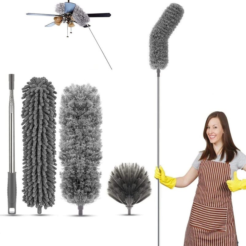 Helimix HELIMIX 3 in 1 Duster Microfiber Feather Duster Bendable Extendable Fan Cleaning Duster Household Cleaning Accessories 100 Inches Telescopic Extension Pole and Soft Silicone Cap Ceiling 3PCS Bendable - Image 1