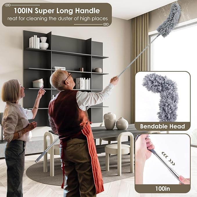 Helimix HELIMIX 3 in 1 Duster Microfiber Feather Duster Bendable Extendable Fan Cleaning Duster Household Cleaning Accessories 100 Inches Telescopic Extension Pole and Soft Silicone Cap Ceiling 3PCS Bendable - Image 4