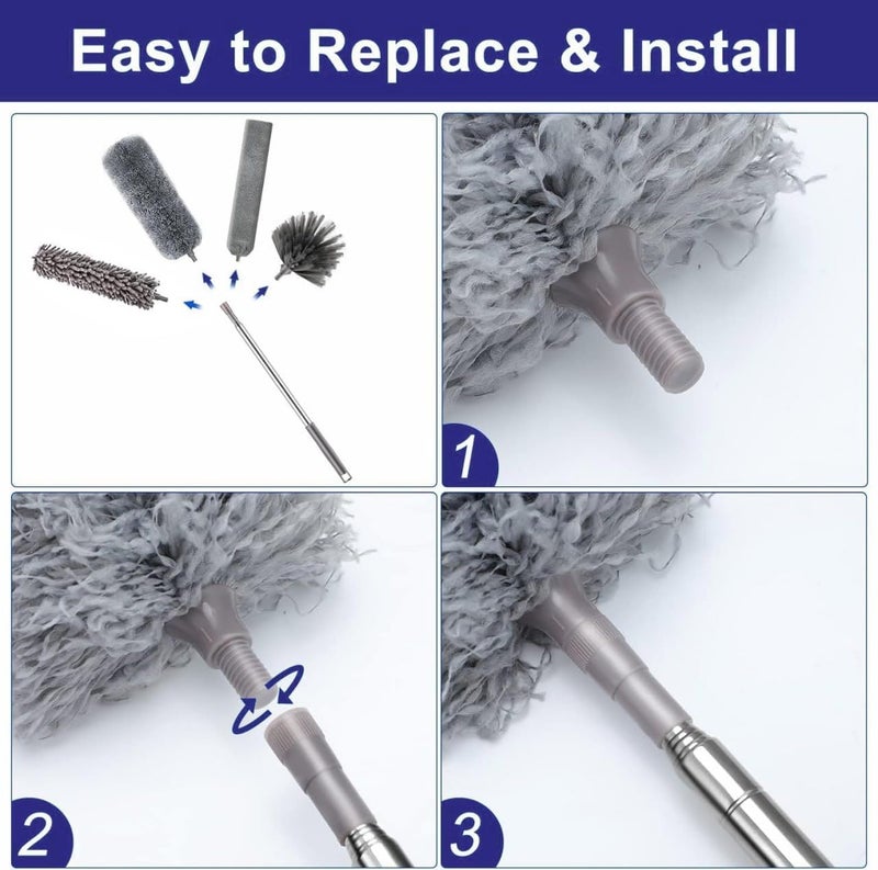 Helimix HELIMIX 3 in 1 Duster Microfiber Feather Duster Bendable Extendable Fan Cleaning Duster Household Cleaning Accessories 100 Inches Telescopic Extension Pole and Soft Silicone Cap Ceiling 3PCS Bendable - Image 3