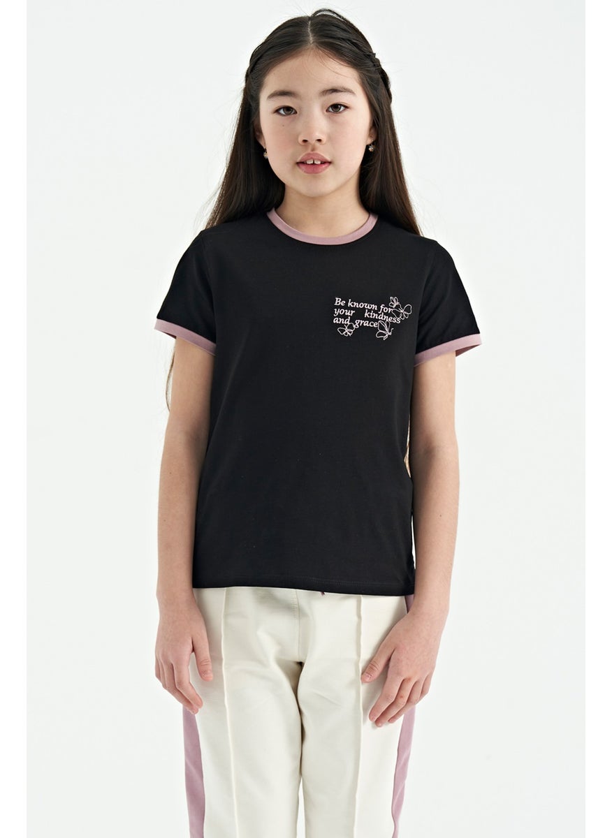 Tommy Life - Black Minimal Text Printed O Neck Casual Short Sleeve Girls T-Shirt - 75110 - Image 1