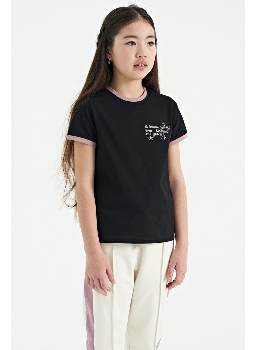Tommy Life - Black Minimal Text Printed O Neck Casual Short Sleeve Girls T-Shirt - 75110 - Image 1