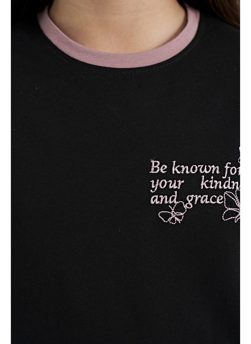 Tommy Life - Black Minimal Text Printed O Neck Casual Short Sleeve Girls T-Shirt - 75110 - Image 1