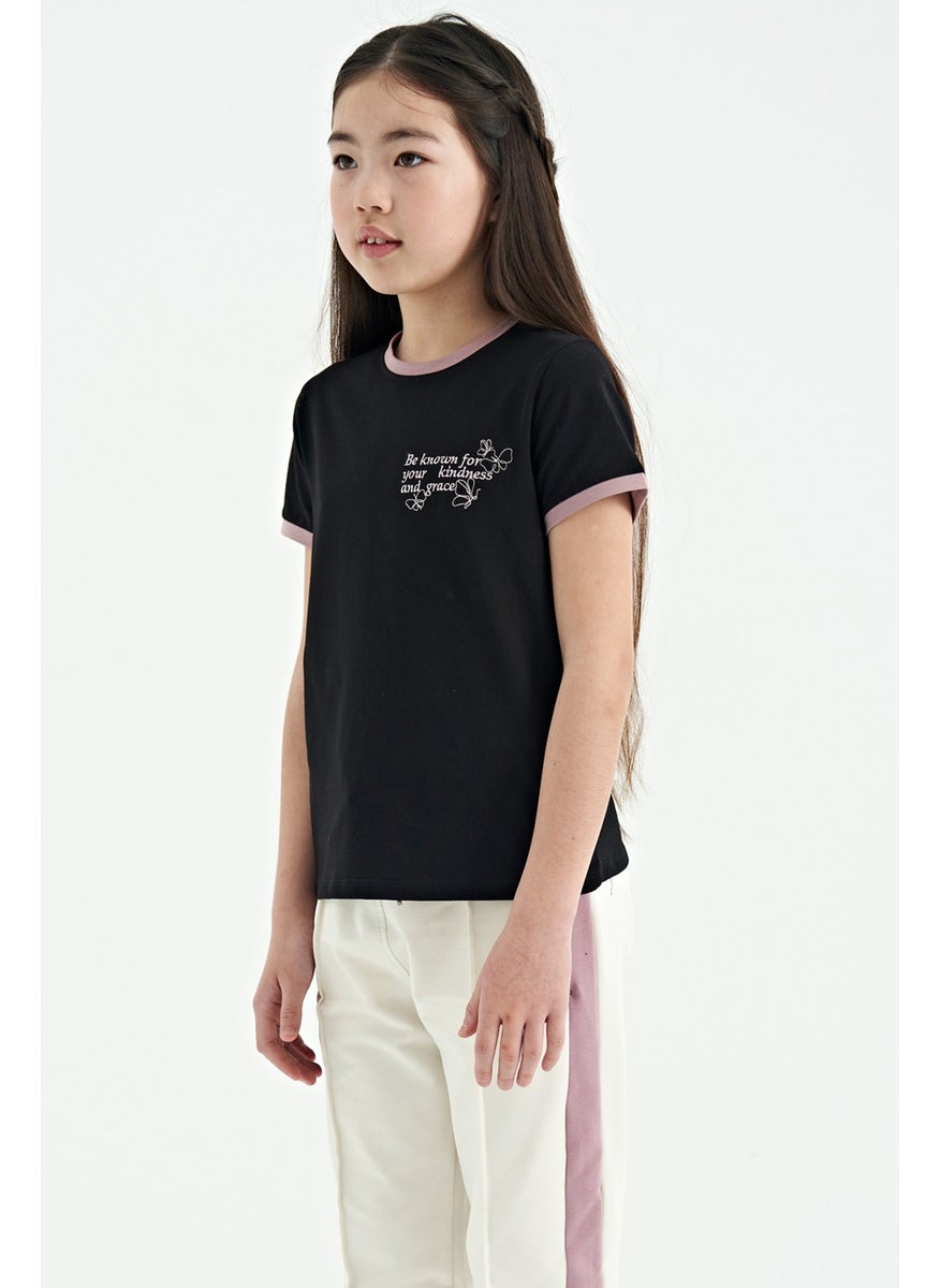 Tommy Life - Black Minimal Text Printed O Neck Casual Short Sleeve Girls T-Shirt - 75110 - Image 1