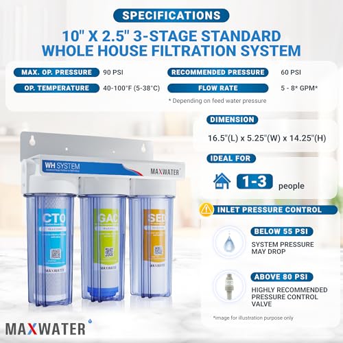 Max Water 3 Stage (Good for City Water) 10 inch Standard Water Filtration System for Whole House - Sediment + GAC + CTO Post Carbon - ¾ Inlet/Outlet - Model : WH-SC2 - Image 2