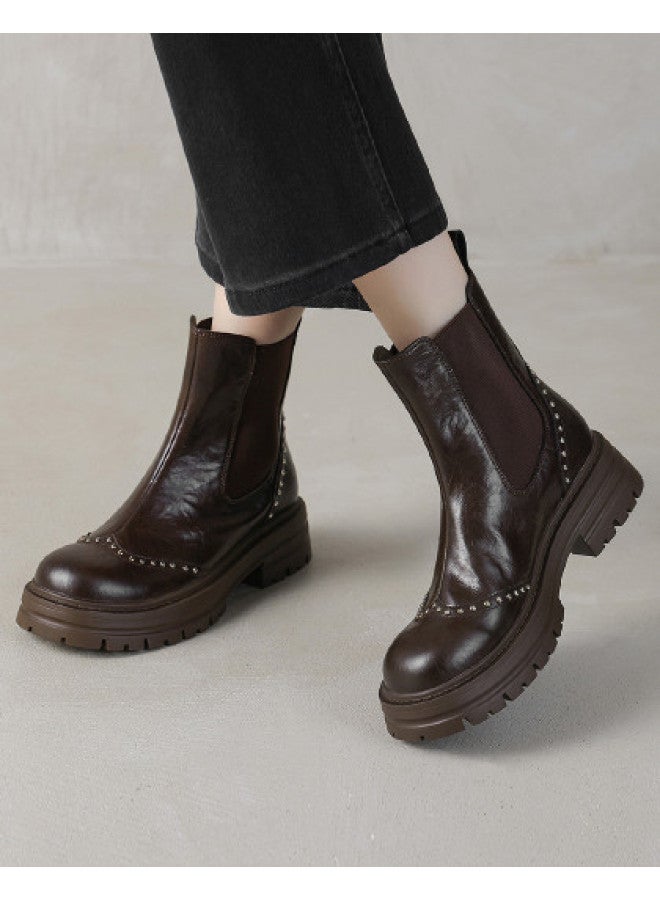 AME British Style Chelsea Boots 2025 New Patchwork Elastic Slip-on Studded Cool Ankle Boots For Women - Image 1