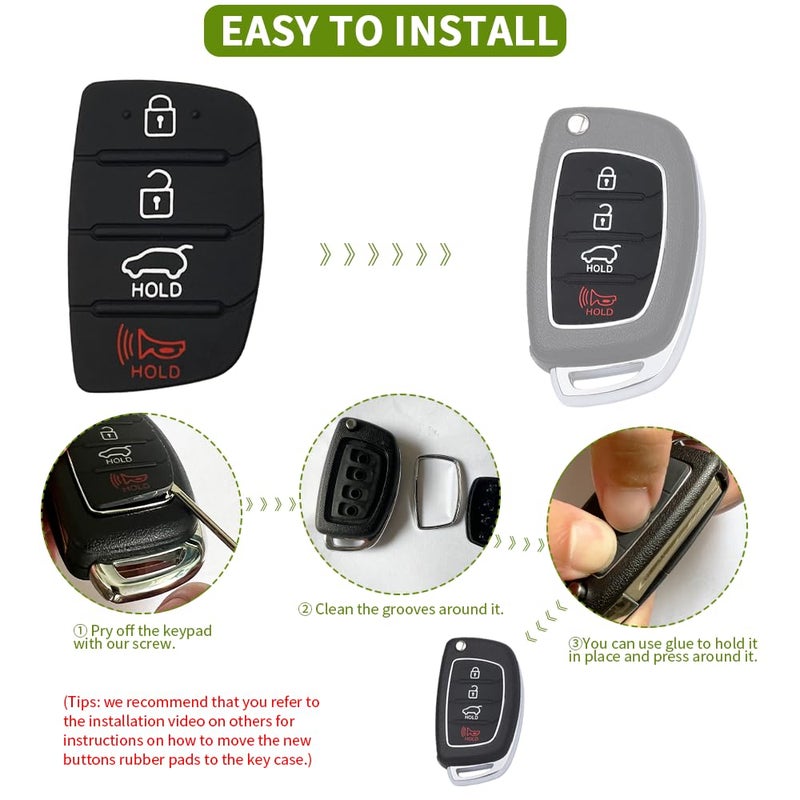 JJCHQ Key Fob Rubber Button Pad Replacement for Hyundai Santa Fe Sport Sonata 2018 2017 2016 2015 2014 2013 4 Button Key Fob Cover Keyless Entry Remote Control Flip Car Key Fob Case Insert Keypad - 2 Pack - Image 4