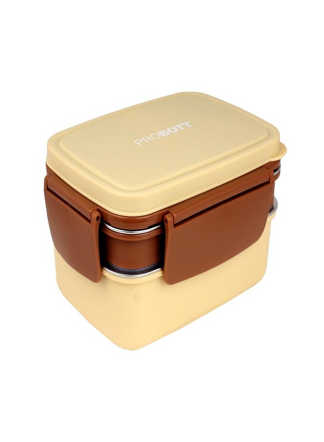 PROBOTT Double Decker 1300 ml Stainless Steel Lunch Box for Kids Women Office Use, 2 Layers with 3 Grid, 1 Spoon Tiffin Box, PP Material Lid Perfect for School, College, Travel, Picnic | Cream - Image 5