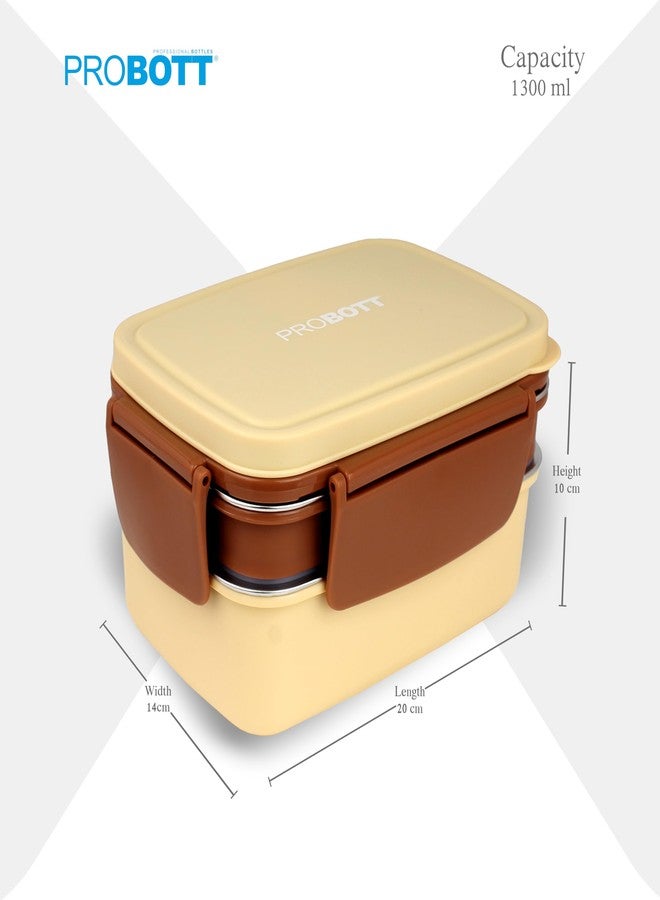 PROBOTT Double Decker 1300 ml Stainless Steel Lunch Box for Kids Women Office Use, 2 Layers with 3 Grid, 1 Spoon Tiffin Box, PP Material Lid Perfect for School, College, Travel, Picnic | Cream - Image 4