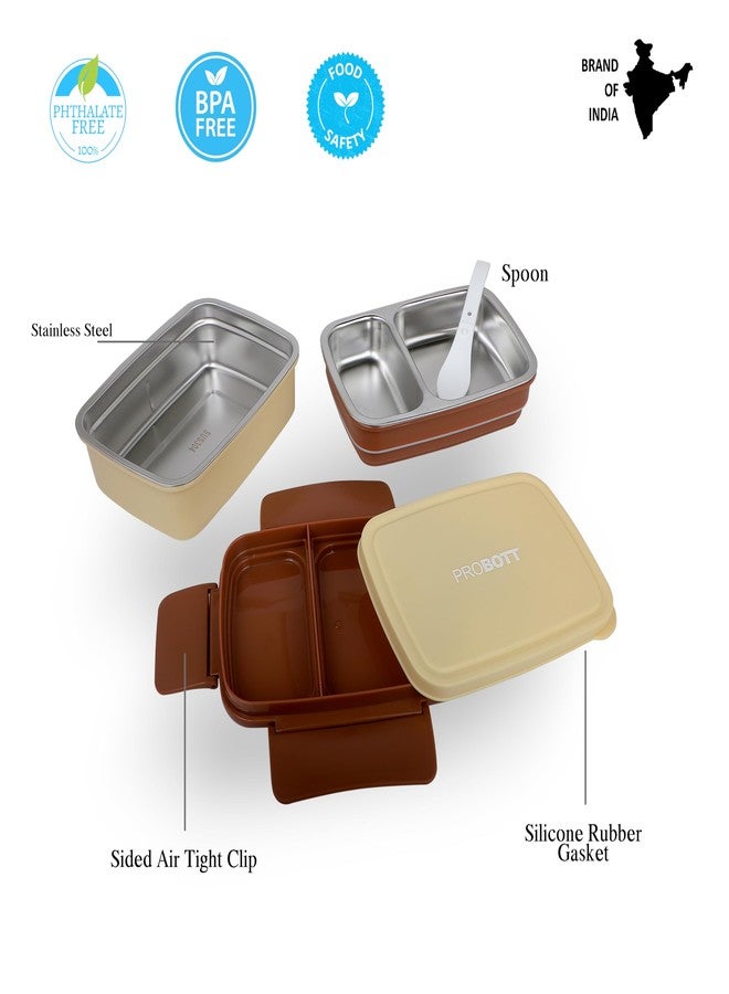 PROBOTT Double Decker 1300 ml Stainless Steel Lunch Box for Kids Women Office Use, 2 Layers with 3 Grid, 1 Spoon Tiffin Box, PP Material Lid Perfect for School, College, Travel, Picnic | Cream - Image 3