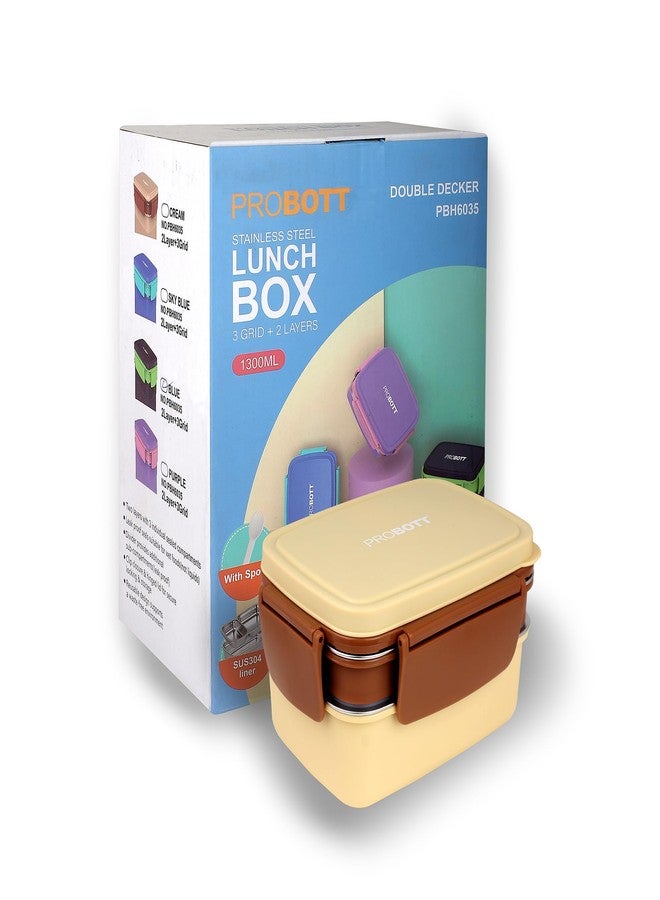PROBOTT Double Decker 1300 ml Stainless Steel Lunch Box for Kids Women Office Use, 2 Layers with 3 Grid, 1 Spoon Tiffin Box, PP Material Lid Perfect for School, College, Travel, Picnic | Cream - Image 1