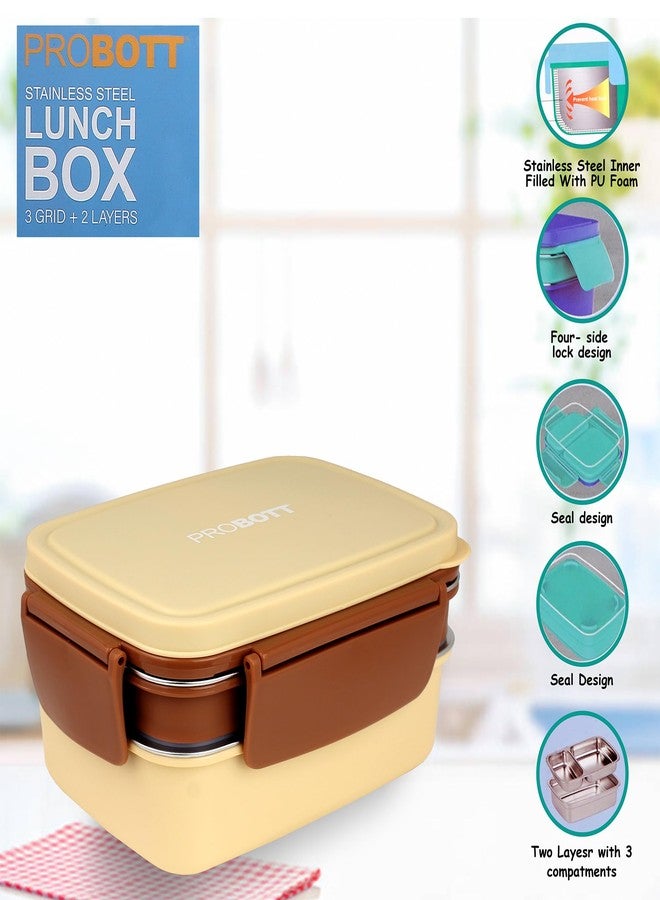 PROBOTT Double Decker 1300 ml Stainless Steel Lunch Box for Kids Women Office Use, 2 Layers with 3 Grid, 1 Spoon Tiffin Box, PP Material Lid Perfect for School, College, Travel, Picnic | Cream - Image 2