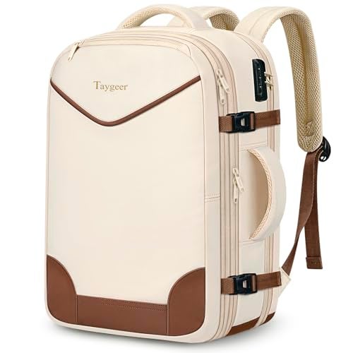 Taygeer 35L Travel Backpack Carry On with Lock, TSA Flight Approved Carry on Backpack, Expandable Weekend Trip Backpacks Fits 15.6 Inch Laptop for Women, Beige & Brown - Image 1