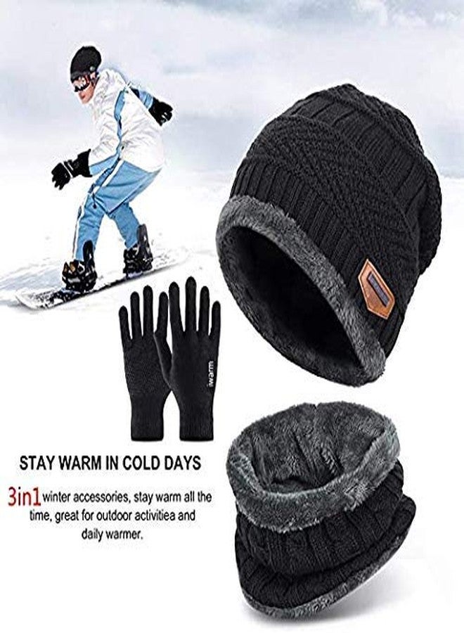 DIGITAL SHOPEE Store DIGITAL SHOPEE Unisex Winter Knit Beanie Skull Cap Hat Neck Warmer Scarf and Woollen Gloves Set (3 Piece, Dark Black, Free Size) - Image 3