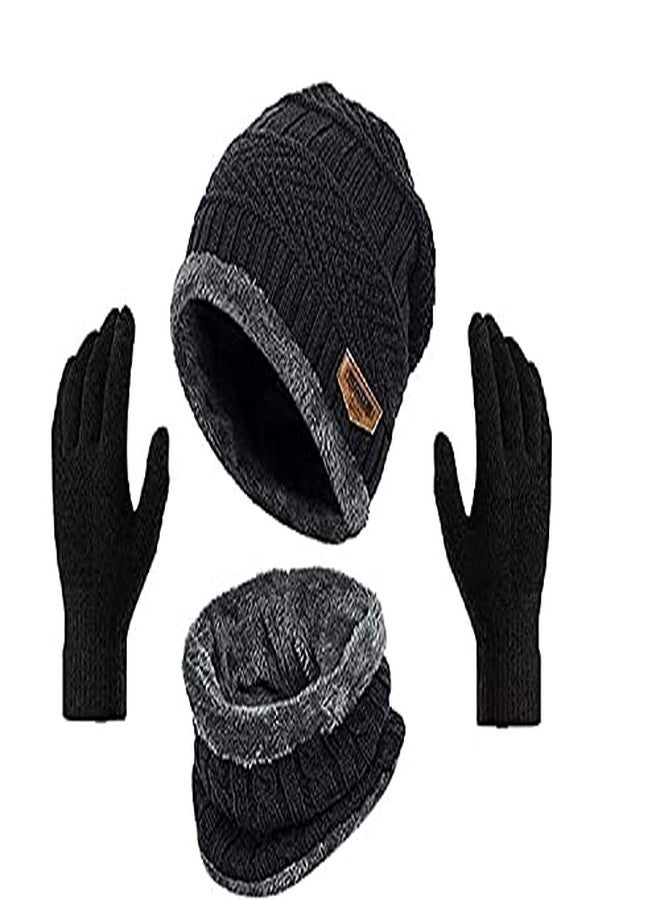 DIGITAL SHOPEE Store DIGITAL SHOPEE Unisex Winter Knit Beanie Skull Cap Hat Neck Warmer Scarf and Woollen Gloves Set (3 Piece, Dark Black, Free Size) - Image 1